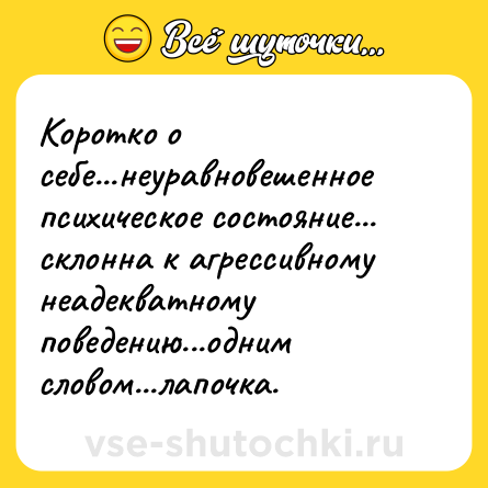 Шутка: Коротко о себе...неуравновешенное психическое состояние... склонна к агрессивному неадекватному поведению...одним словом...лапочка.