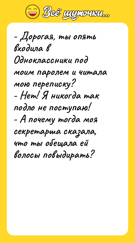 - Дорогая, ты опять входила в Одноклассники под моим паролем