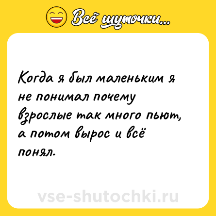 Шутка: Когда я был маленьким я не понимал почему взрослые так много пьют, а потом вырос и всё понял.