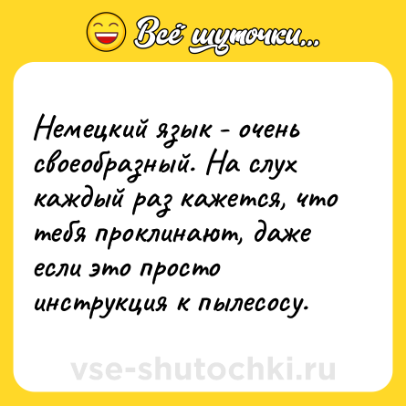 Шутка: Немецкий язык - очень своеобразный. На слух каждый раз кажется, что тебя проклинают, даже если это просто инструкция к пылесосу.