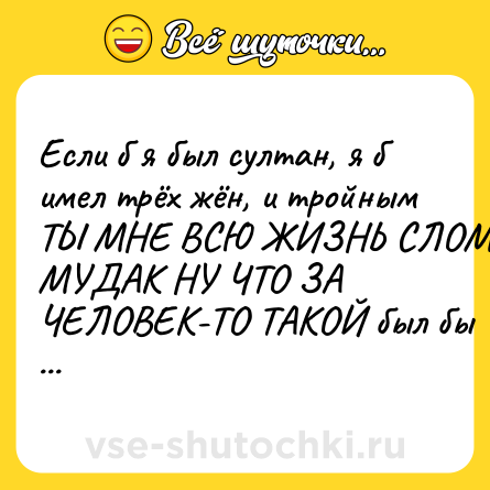 Шутка: Если б я был султан, я б имел трёх жён, и тройным ТЫ МНЕ ВСЮ ЖИЗНЬ СЛОМАЛ МУДАК НУ ЧТО ЗА ЧЕЛОВЕК-ТО ТАКОЙ был бы окружён.