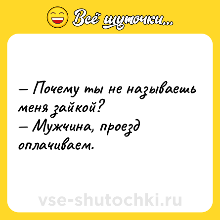 Шутка: — Почему ты не называешь меня зайкой? <br>— Мужчина, проезд оплачиваем.