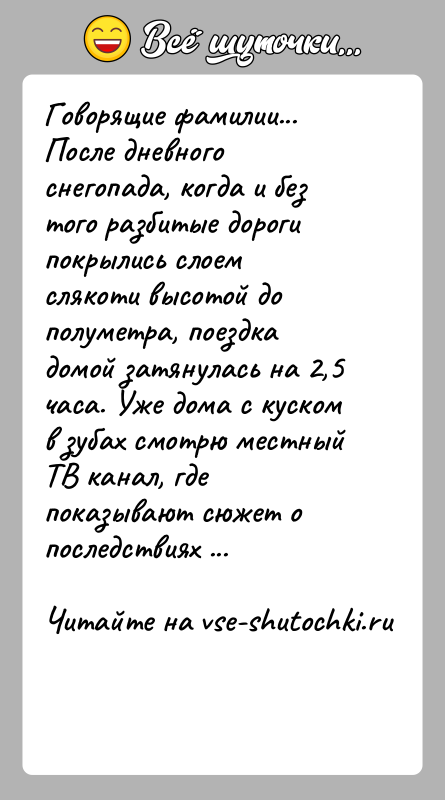 История: Говорящие фамилии...После дневного снегопада, когда и без того разбитые дороги покрылись слоем слякоти высотой до полуметра, поездка домой затянулась на