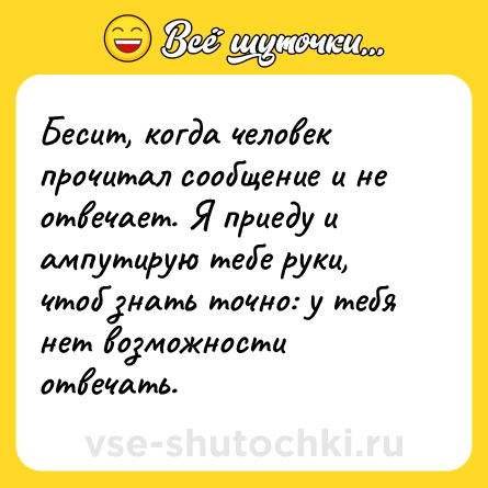Шутка: Бесит, когда человек прочитал сообщение и не отвечает. Я приеду и ампутирую тебе руки, чтоб знать точно: у тебя нет возможности отвечать.