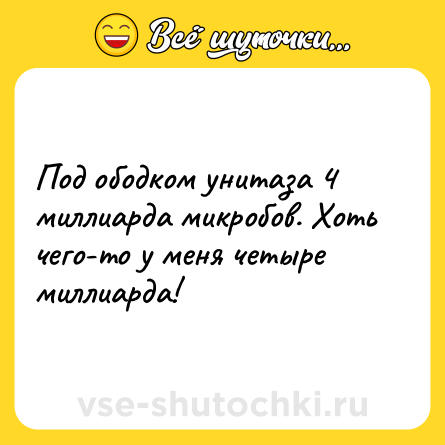 Шутка: Под ободком унитаза 4 миллиарда микробов. Хоть чего-то у меня четыре миллиарда!
