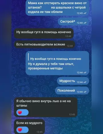 Мудрость поколений в одном чате 😂🍷 - Мама как отстирать красное вино от штан в? на шашлыки