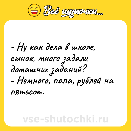 Шутка: - Ну как дела в школе, сынок, много задали домашних заданий?<br>- Немного, папа, рублей на пятьсот.