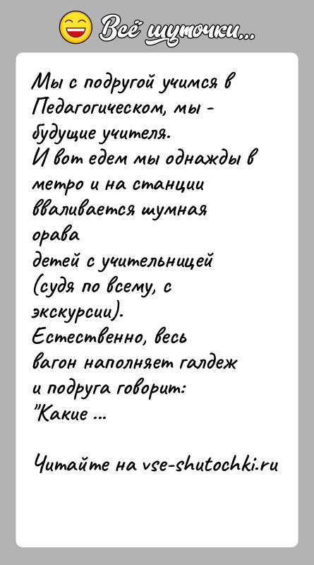 История: Мы с подругой учимся в Педагогическом, мы - будущие учителя.И вот едем мы однажды в метро и на станции вваливается