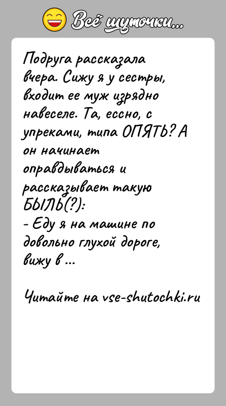История: Подруга рассказала вчера. Сижу я у сестры, входит ее муж изрядно навеселе. Та, ессно, с упреками, типа ОПЯТЬ? А он