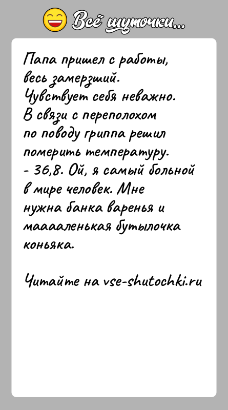 История: Папа пришел с работы, весь замерзший. Чувствует себя неважно. В связи с переполохом по поводу гриппа решил померить температуру.- 36,8.