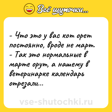 Шутка: - Что это у вас кот орет постоянно, вроде не март.<br>- Так это нормальные в марте орут, а нашему в ветеринарке календарь отрезали…