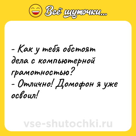 Шутка: - Как у тебя обстоят дела с компьютерной грамотностью? <br>- Отлично! Домофон я уже освоил!