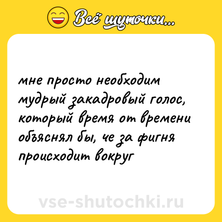 Шутка: мне просто необходим мудрый закадровый голос, который время от времени объяснял бы, че за фигня происходит вокруг