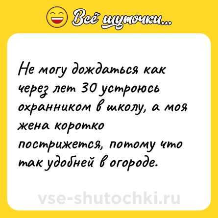 Шутка: Не могу дождаться как через лет 30 устроюсь охранником в школу, а моя жена коротко пострижется, потому что так удобней в огороде.