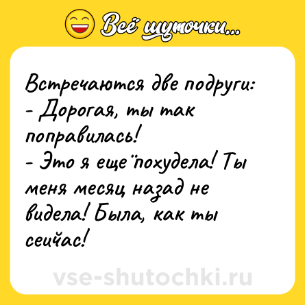 Шутка: Встречаются две подруги:<br>- Дорогая, ты так поправилась!<br>- Это я ещё похудела! Ты меня месяц назад не видела! Была, как ты сейчас!