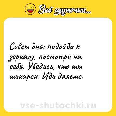 Шутка: Совет дня: подойди к зеркалу, посмотри на себя. Убедись, что ты шикарен. Иди дальше.