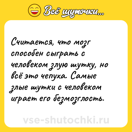 Шутка: Считается, что мозг способен сыграть с человеком злую шутку, но всё это чепуха. Самые злые шутки с человеком играет его безмозглость.