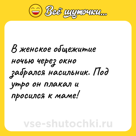 Шутка: В жeнское общежитие ночью через окно забрался насильник. Под утро он плакал и просился к маме!