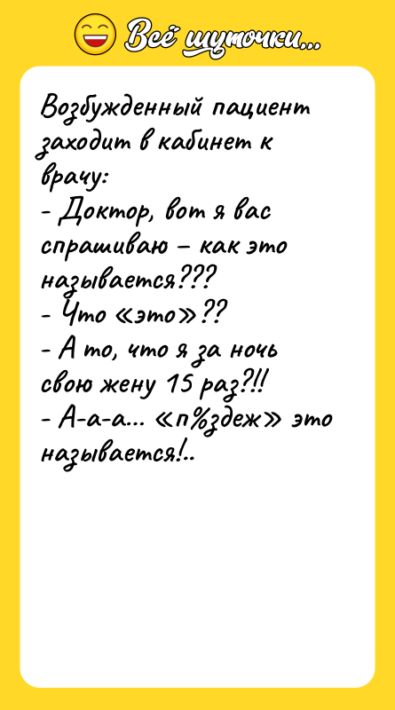 Возбужденный пациент заходит в кабинет к врачу: - Доктор, вот