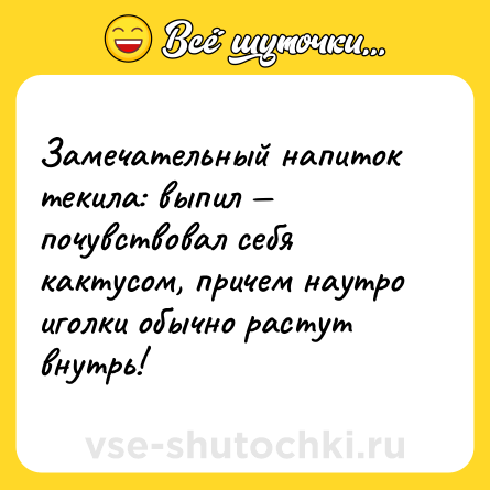 Шутка: Замечательный напиток текила: выпил — почувствовал себя кактусом, причем наутро иголки обычно растут внутрь!