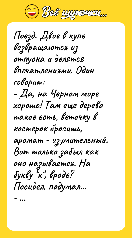 Поезд. Двое в купе возвращаются из отпуска и делятся впечатлениями.