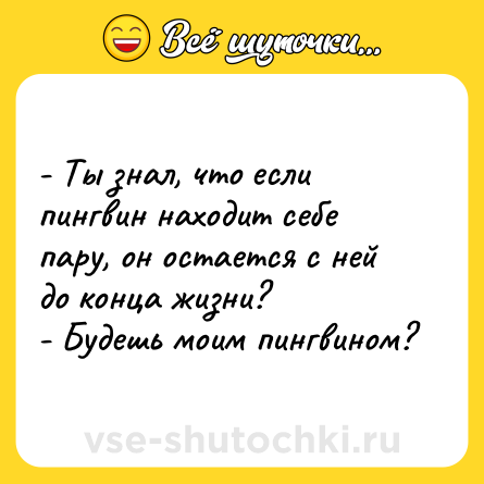 Шутка: - Ты знал, что если пингвин находит себе пару, он остается с ней до конца жизни? - Будешь моим пингвином?