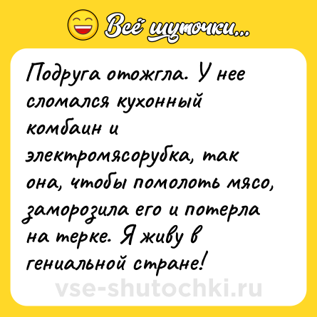 Шутка: Подруга отожгла. У нее сломался кухонный комбаин и электромясорубка, так она, чтобы помолоть мясо, заморозила его и потерла на терке. Я живу в гениальной стране!