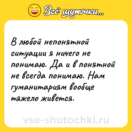 Шутка: В любой непонятной ситуации я ничего не понимаю. Да и в понятной не всегда понимаю. Нам гуманитариям вообще тяжело живется.