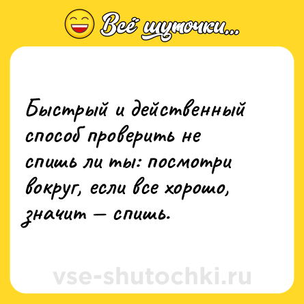 Шутка: Быстрый и действенный способ проверить не спишь ли ты: посмотри вокруг, если все хорошо, значит — спишь.