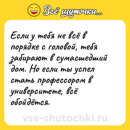 Шутка: Если у тебя не всё в порядке с головой, тебя забирают в сумасшедший дом. Но если ты успел стать профессором в университете, всё обойдётся.