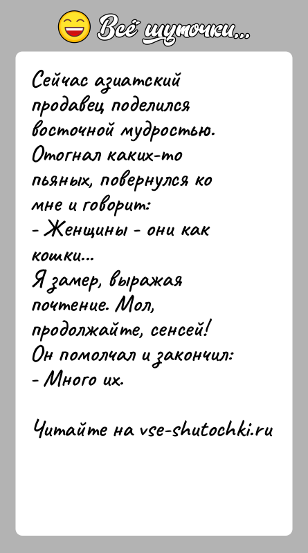 История: Сейчас азиатский продавец поделился восточной мудростью.Отогнал каких-то пьяных, повернулся ко мне и говорит:- Женщины - они как кошки...Я замер, выражая