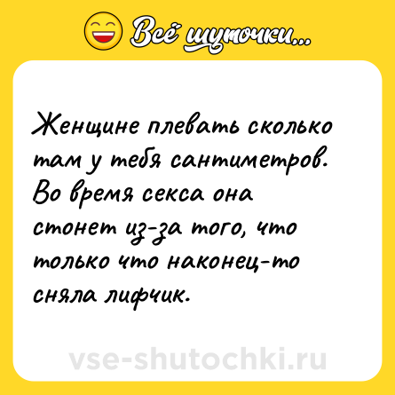 Шутка: Женщине плевать сколько там у тебя сантиметров. Во время секса она стонет из-за того, что только что наконец-то сняла лифчик.