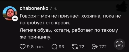 Почему летние шлепанцы — это суровое оружие? 🩴🩸 - Говорят: меч не признаёт хозяина, пока не попробует его крови.