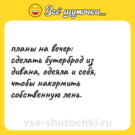 Шутка: планы на вечер: <br>сделать бутерброд из дивана, одеяла и себя, чтобы накормить собственную лень.