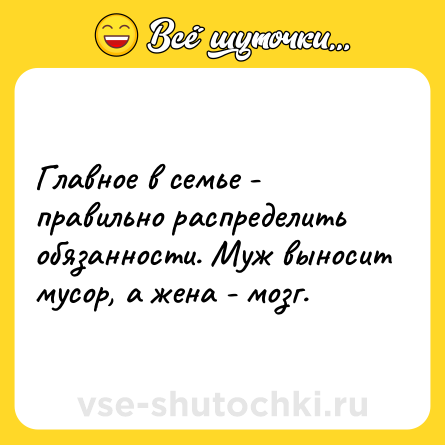 Шутка: Главное в семье - правильно распределить обязанности. Муж выносит мусор, а жена - мозг.