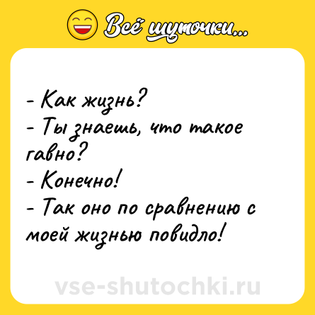 Шутка: - Как жизнь?<br>- Ты знаешь, что такое гавно?<br>- Конечно!<br>- Так оно по сравнению с моей жизнью повидло!