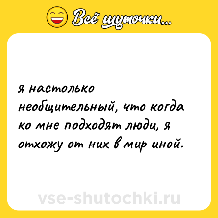 Шутка: я настолько необщительный, что когда ко мне подходят люди, я отхожу от них в мир иной.