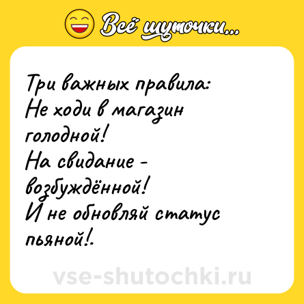 Шутка: Три важных правила:<br>Не ходи в магазин голодной!<br>На свидание - возбуждённой!<br>И не обновляй статус пьяной!.