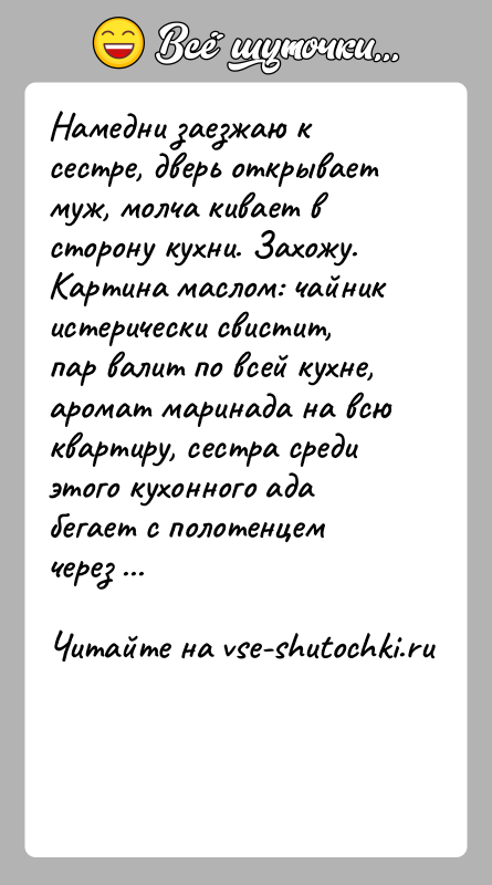 История: Намедни заезжаю к сестре, дверь открывает муж, молча кивает в сторону кухни. Захожу. Картина маслом: чайник истерически свистит, пар валит