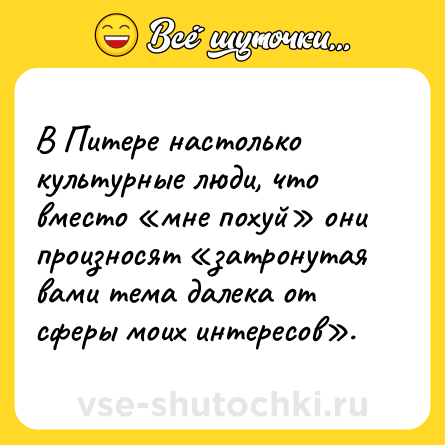 Шутка: В Питере настолько культурные люди, что вместо «мне пoxyй» они произносят «затронутая вами тема далека от сферы моих интересов».