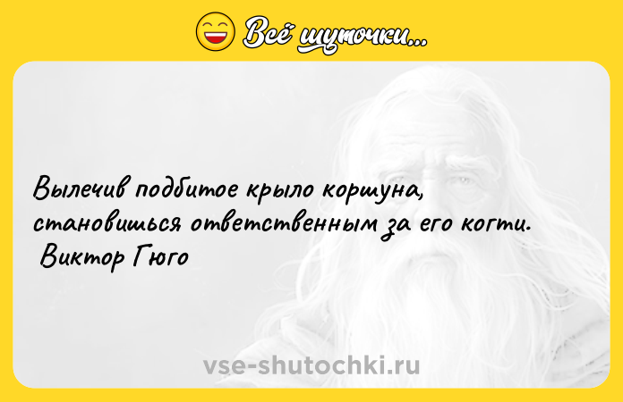 Цитата: Вылечив подбитое крыло коршуна, становишься ответственным за его когти. Виктор Гюго