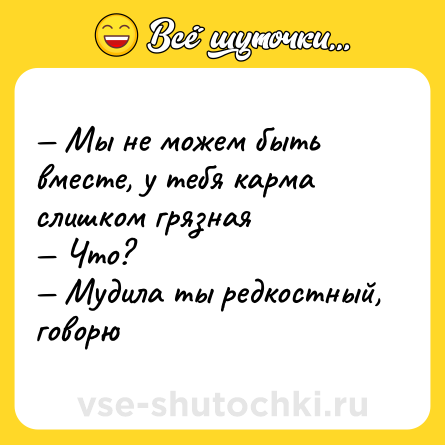 Шутка: — Мы не можем быть вместе, у тебя карма слишком грязная <br>— Что? <br>— Мудила ты редкостный, говорю