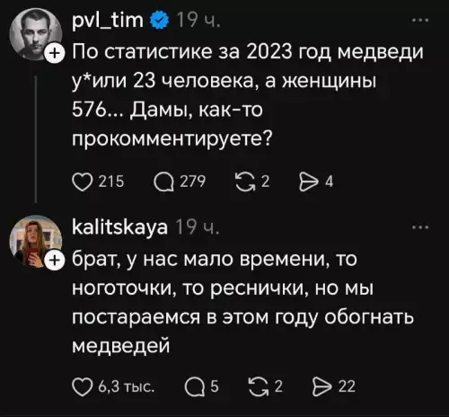 Медведи vs Дамы: битва за лидерство 🐻💅 - По статистике за 2023 год медведи у или 23 человека,