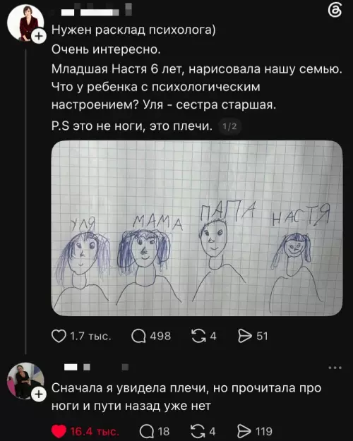 Детский рисунок, который ломает мозг 😂 - УЛЯ, МАМА, ПАПА, НАСТЯ. Это не ноги, это плечи.