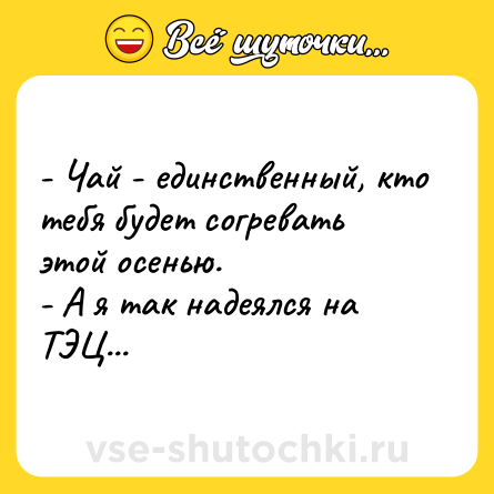 Шутка: - Чай - единственный, кто тебя будет согревать этой осенью.<br>- А я так надеялся на ТЭЦ...
