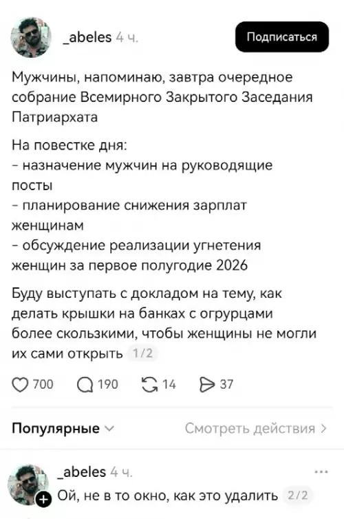 Секретный план мирового патриархата 🤫 - Мужчины, напоминаю, завтра очередное собрание Всемирного Закрытого Заседания Патриархата На