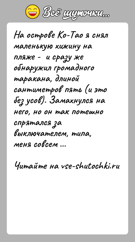 История: На острове Ко-Тао я снял маленькую хижину на пляже - и сразу же обнаружил громадного таракана, длиной сантиметров пять
