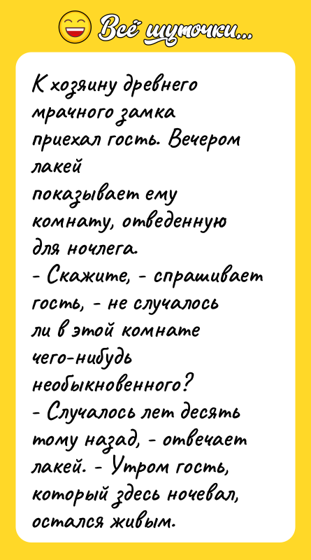 К хозяину древнего мрачного замка приехал гость. Вечером лакей показывает