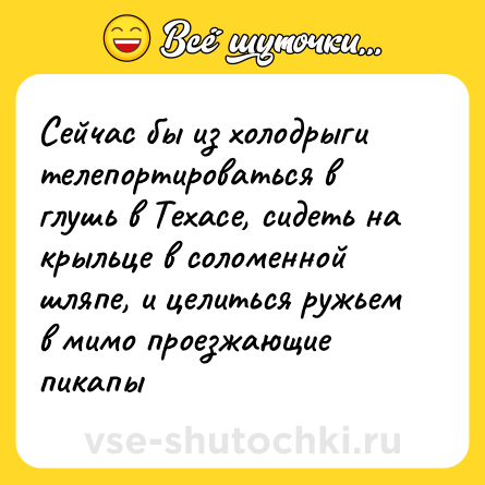 Шутка: Сейчас бы из холодрыги телепортироваться в глушь в Техасе, сидеть на крыльце в соломенной шляпе, и целиться ружьем в мимо проезжающие пикапы