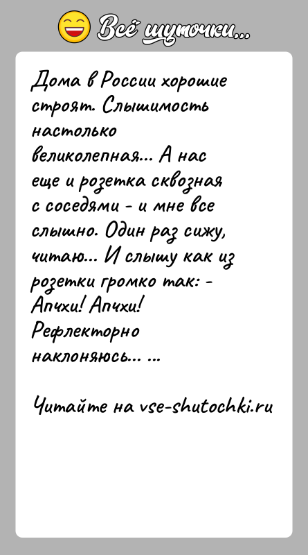 История: Дома в России хорошие строят. Слышимость настолько великолепная... А нас еще и розетка сквозная с соседями - и мне все